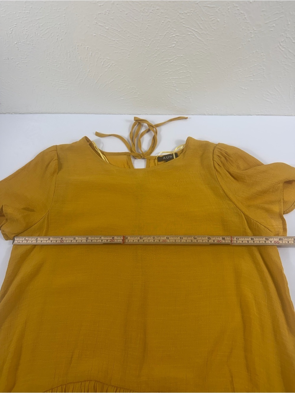 AUW Mustard High-Low Ruffle Blouse XL Boho Flowy Short Sleeve Top - Picture 5 of 7